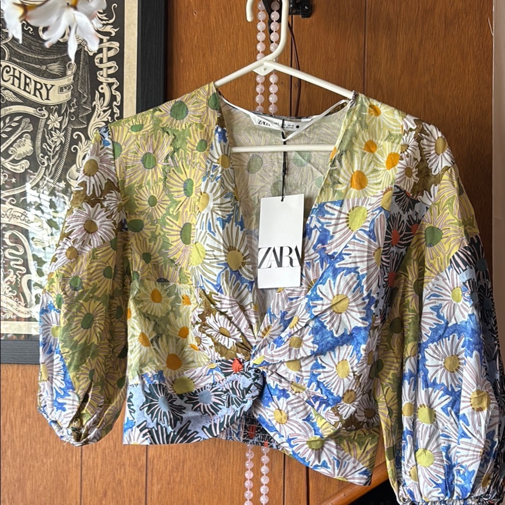 Zara Yellow and Blue Puff Sleeve Crop Blouse S
